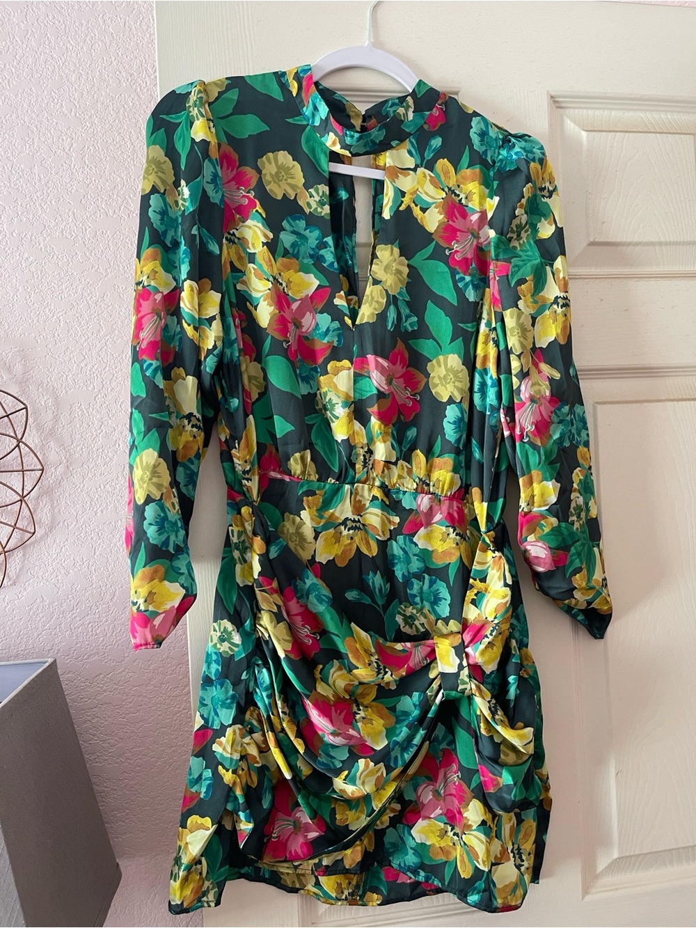 Zara Green Floral Long Sleeve Dress with Yellow & Pink Accents